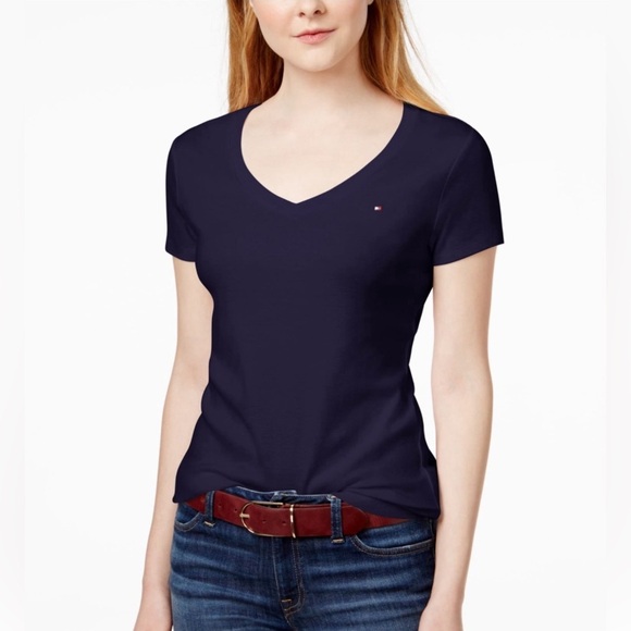 TOMMY HILFIGER Womens Navy Short Sleeve V Neck T-Shirt Size: S - Picture 1 of 12